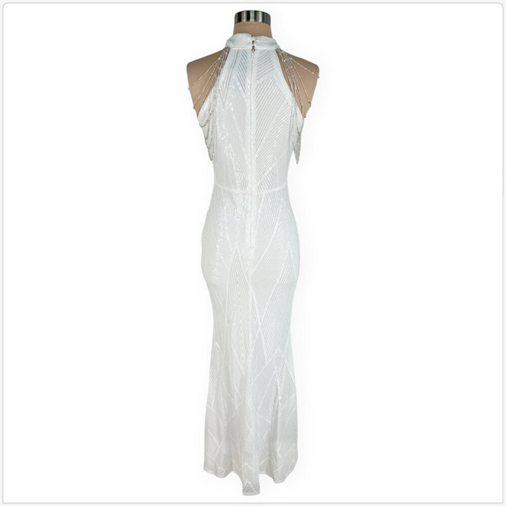 Elegant White Maxi Dress with Beaded Shoulder Chains - Picture 5 of 6